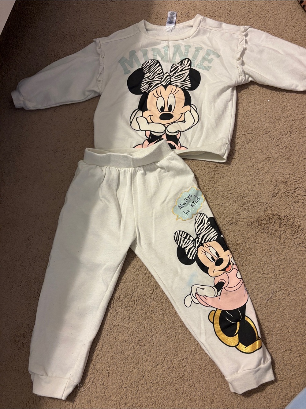 Disney Cream Minnie Mouse Kids Pajama Set with Zebra Bow Accents
